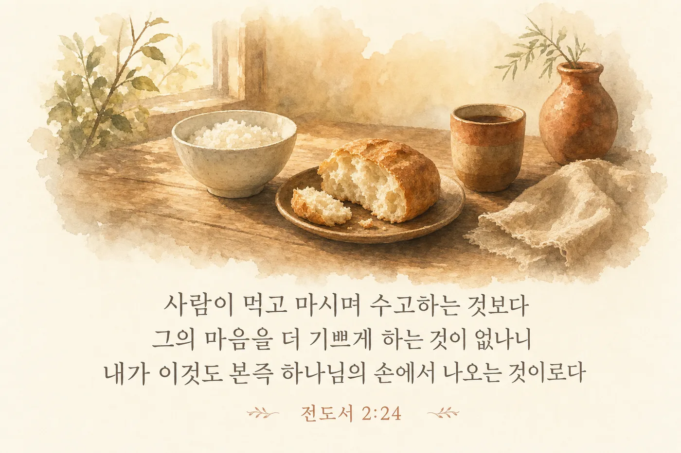 전도서 2:24 — 사람이 먹고 마시며 수고하는 것보다 그의 마음을 더 기쁘게 하는 것은 없나니 내가 이것도 본즉 하나님의 손에서 나오는 것이로다